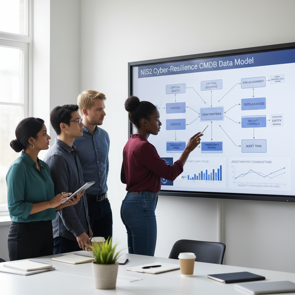 Diagram of a NIS2 CMDB requirements architecture showing services, assets, suppliers and security data for EU cyber resilience