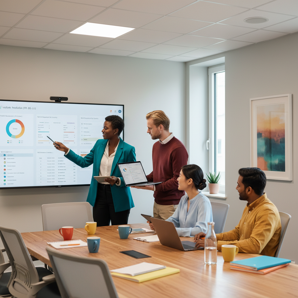 IT leaders reviewing a regional ServiceNow multi-country ITSM dashboard for France, Belgium and Luxembourg in a shared service center