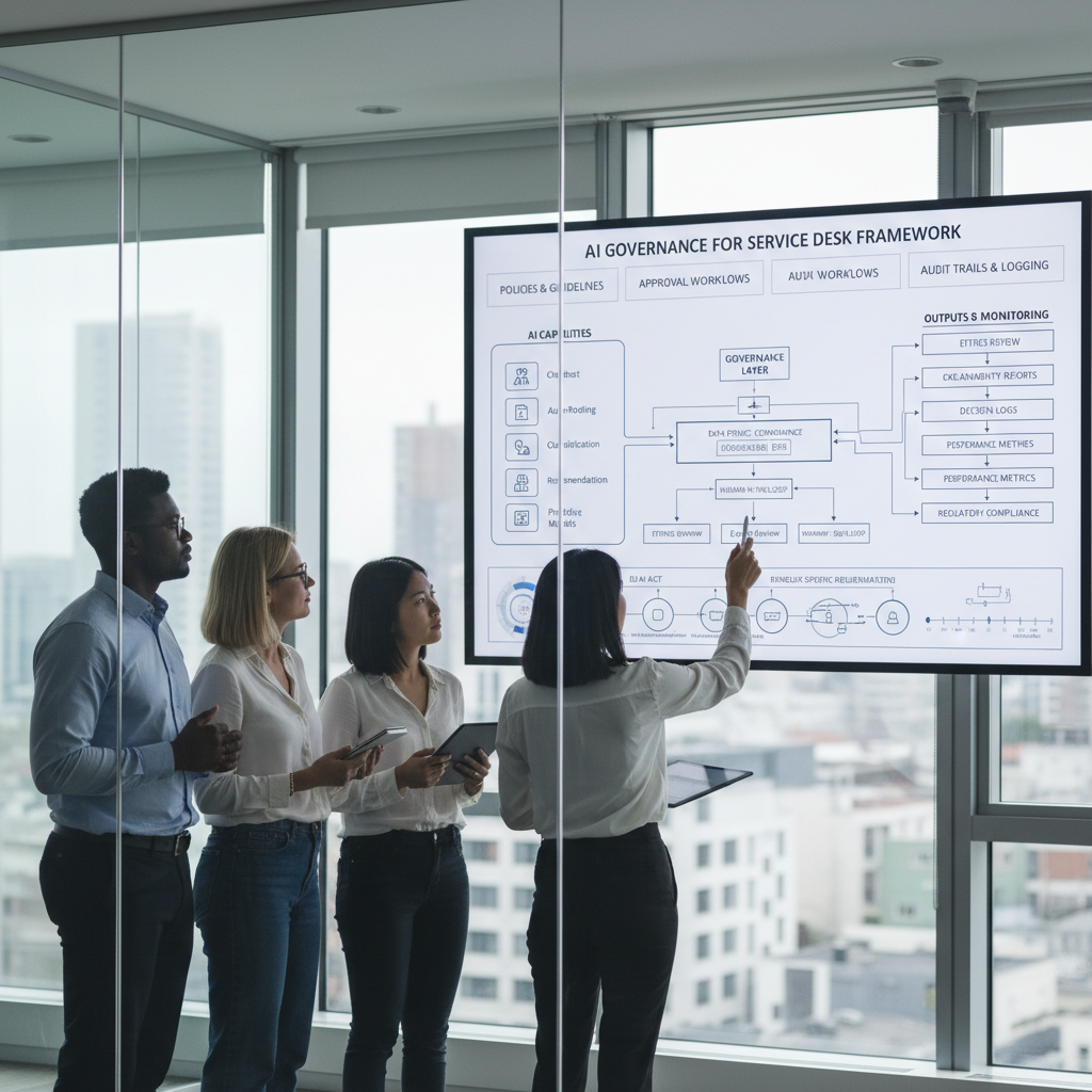 Modern AI governance service desk dashboard showing governed ITSM workflows, human oversight controls, and audit trail AI decisions in Benelux