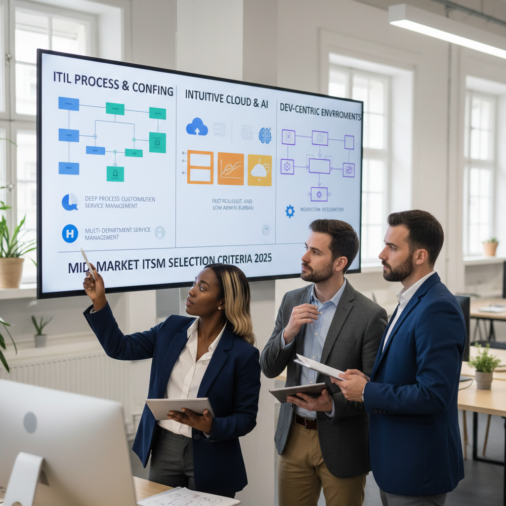 IT leaders reviewing dashboards and workflows during a HaloITSM vs Freshservice evaluation for mid-market ITSM tool selection