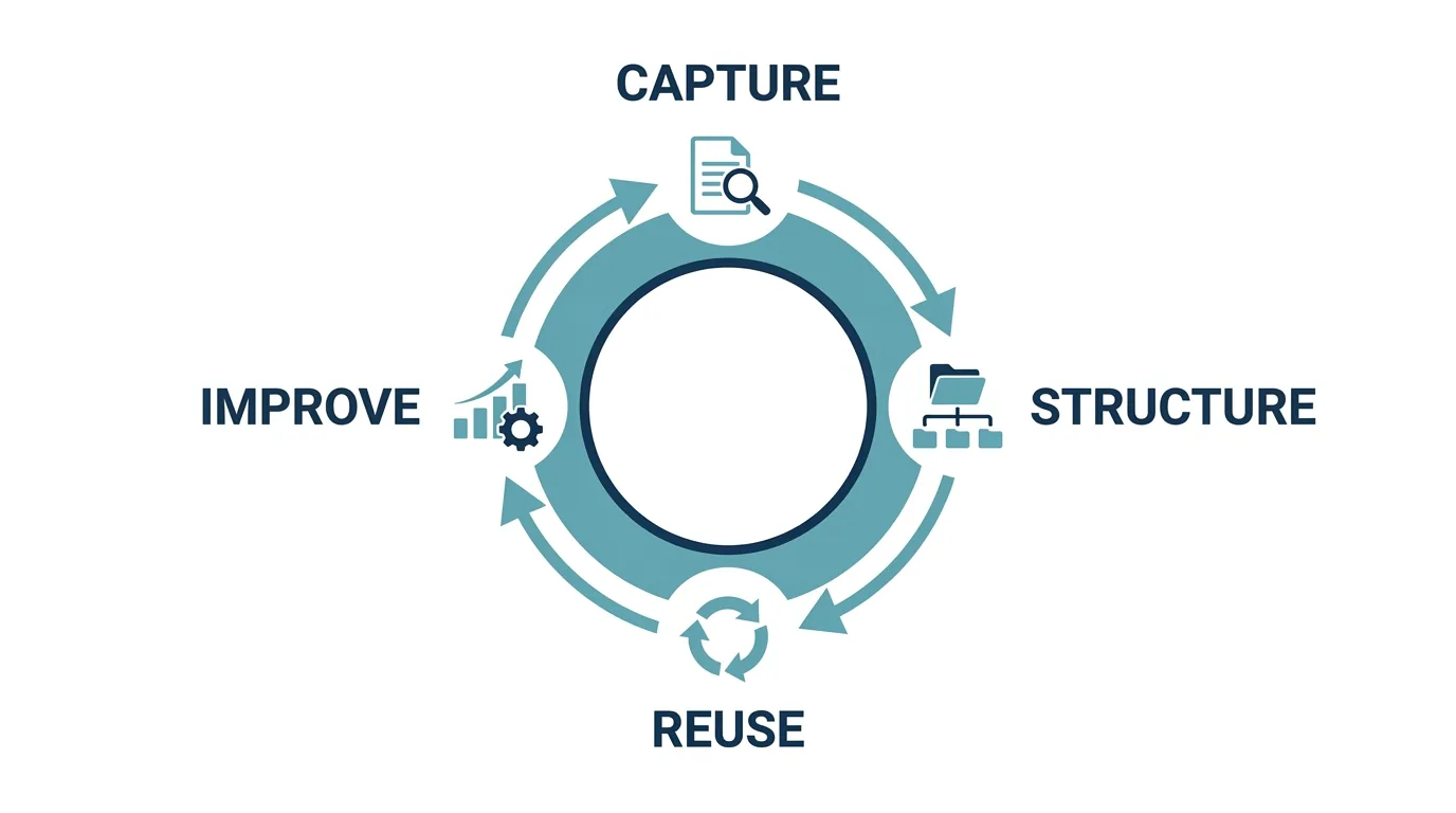 Knowledge management lifecycle in ServiceNow — capture, structure, reuse, improve — that drives ServiceNow self-service adoption