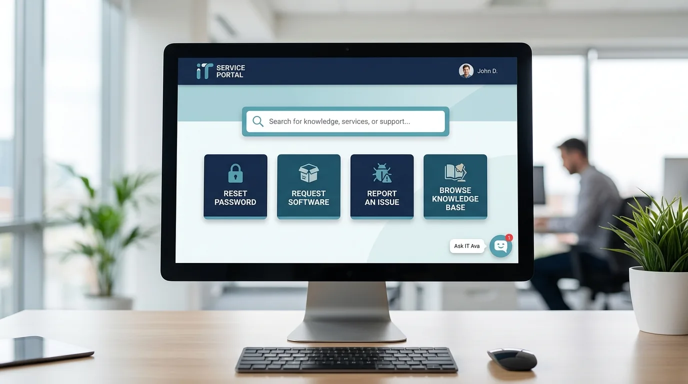 ServiceNow self-service portal design mockup with a search bar, service catalog cards, and a virtual agent widget to boost self-service adoption